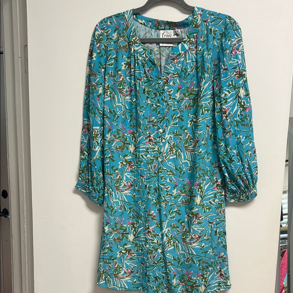 Finley Turquoise Blue Green Floral Print 3/4 Sleeve Lightweight Dress XS S